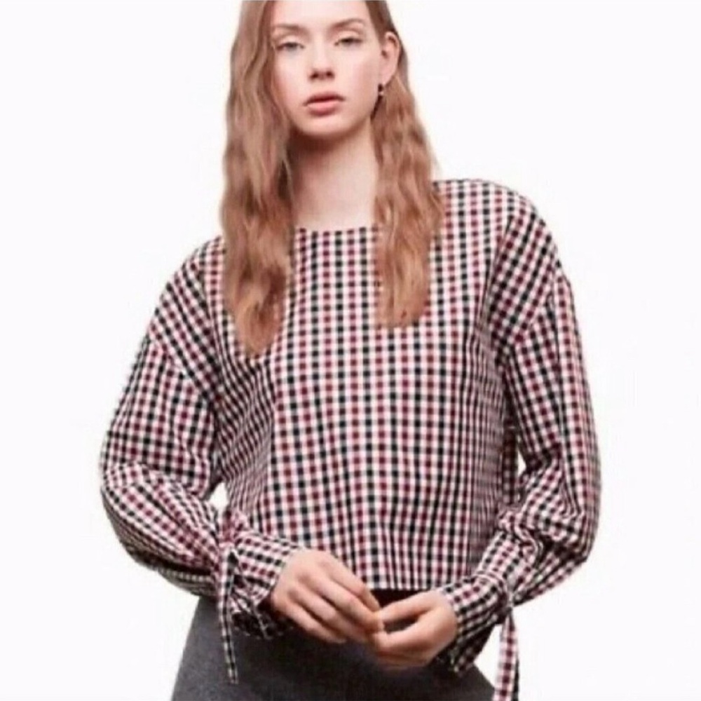 Aritzia Wilford Elodie Top Tie Sleeves Red Blue Ivory Gingham Check Women’s XS